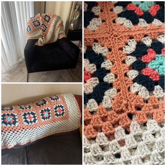 Vintage handmade crochet granny square blanket / throw, approximately 53x54” - Picture 1 of 5